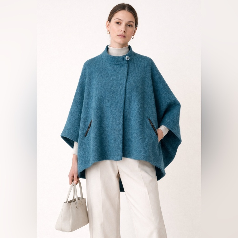 ELK Alpaca Wool Teal‎ Cape Poncho Minimalist Cocoon Jacket Relaxed Minimalist OS